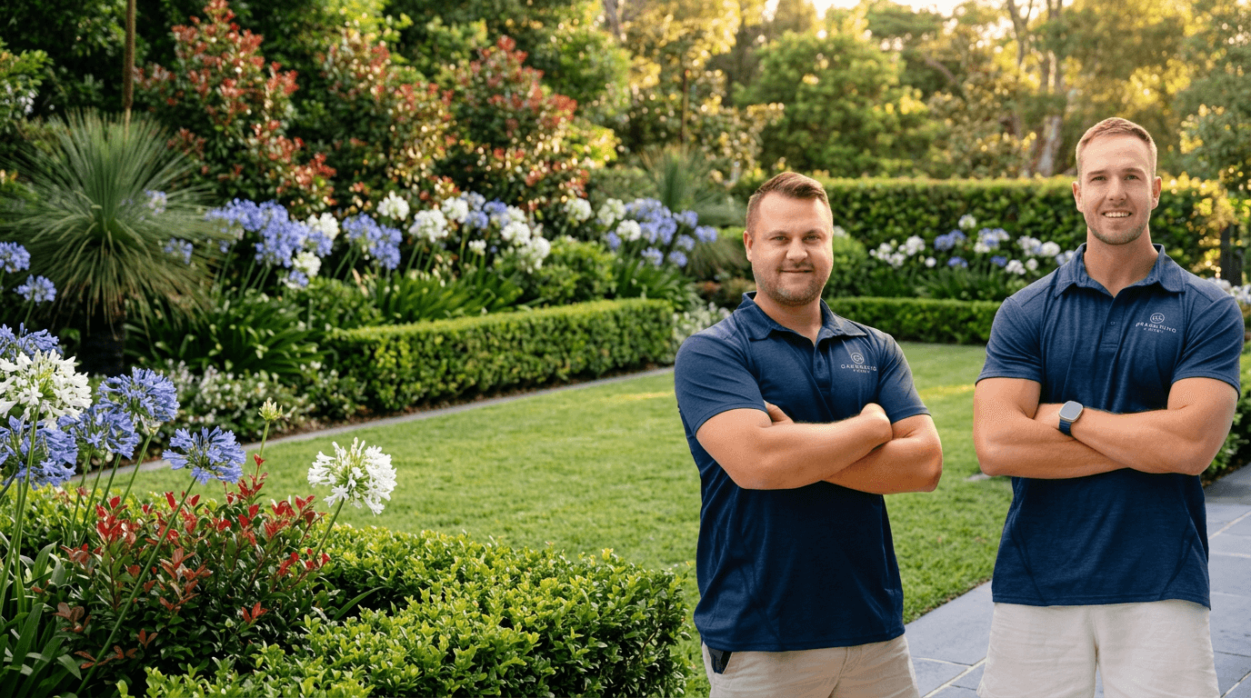 Tom and Jamie, owners of Gardening Sydney, in a Sydney garden