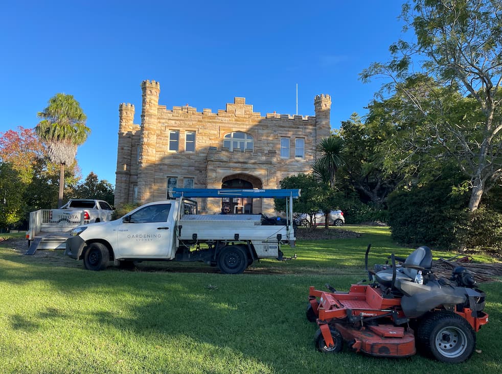 Gardening Sydney ute and ride-on mower on site